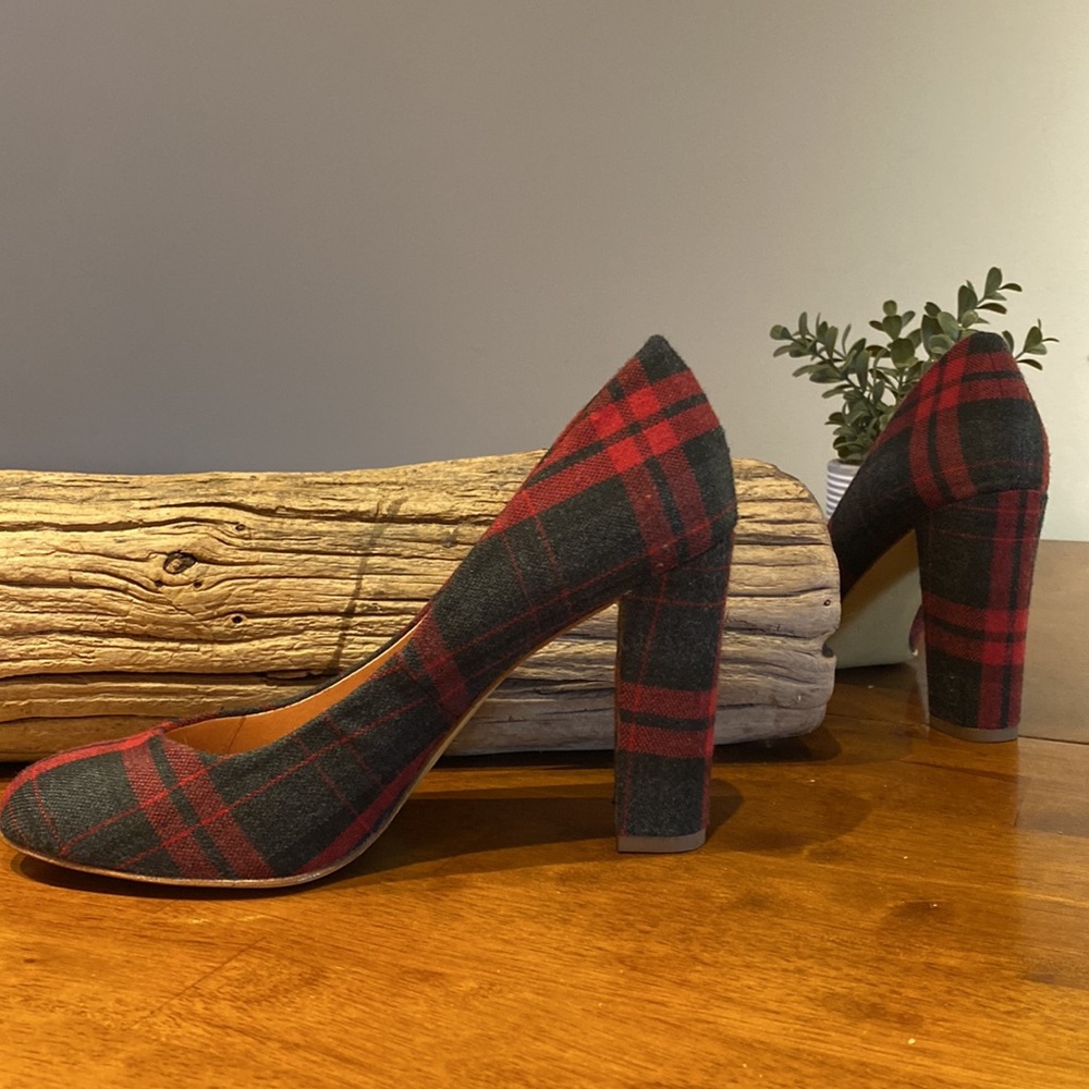 J. Crew Tartan Red and Gray Plaid Block Heel Shoes